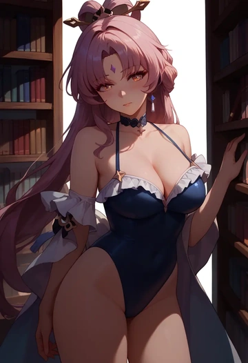 star rail,fu xuan,retro style swimsuit,frilled neckline,bow detail  - AI generated anime art